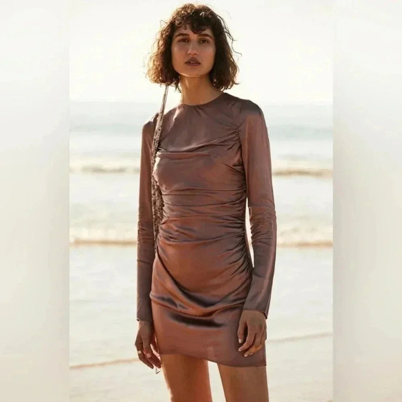 SHONA JOY Lily Long Sleeve Ruched Mini Dress Clove S / XS - Picture 1 of 12